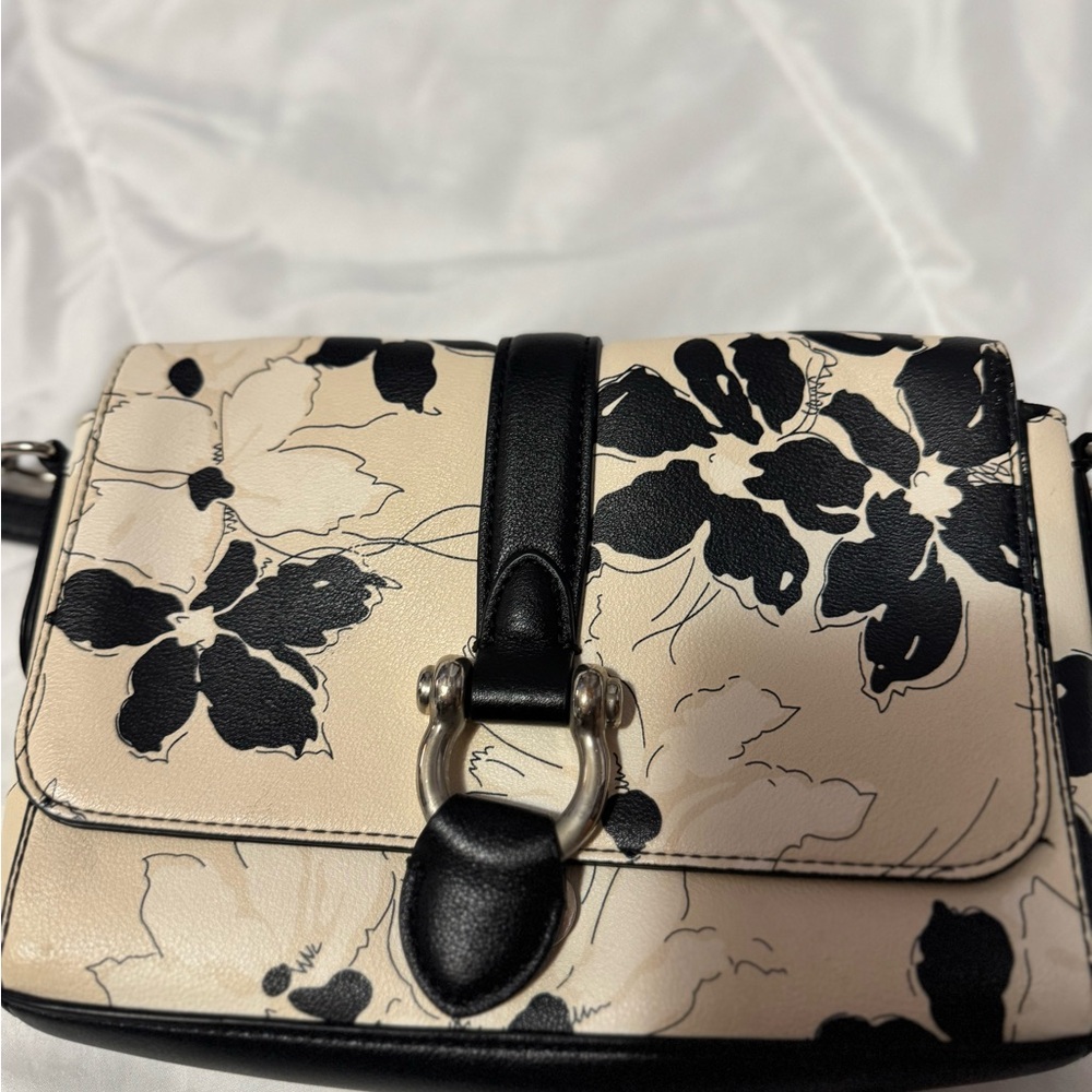 Chaps Black and Cream Crossbody Bag with Floral Design